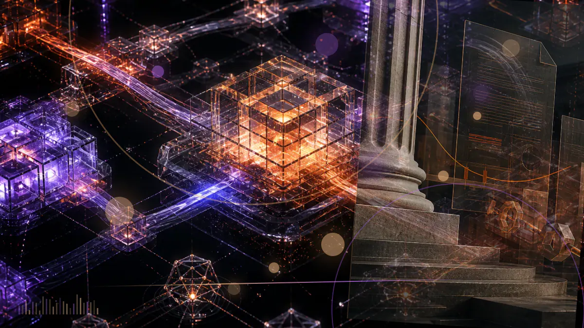 Conceptual illustration of seven cryptocurrency fund structures connecting to a unified financial benchmark grid