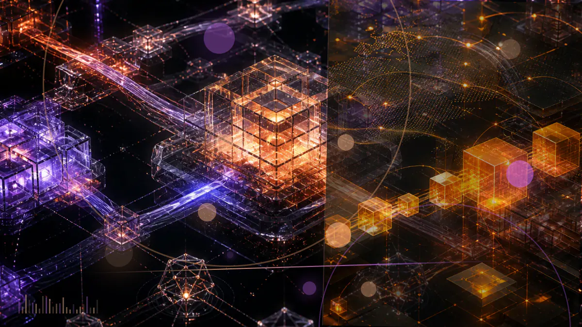 Conceptual illustration of institutional capital flowing into interconnected cryptocurrency companies and blockchain networks
