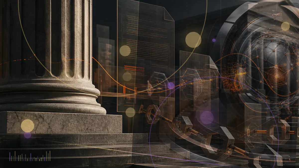 Conceptual illustration of a cryptocurrency application connecting bitcoin-collateralized swap contracts with United States regulatory documents