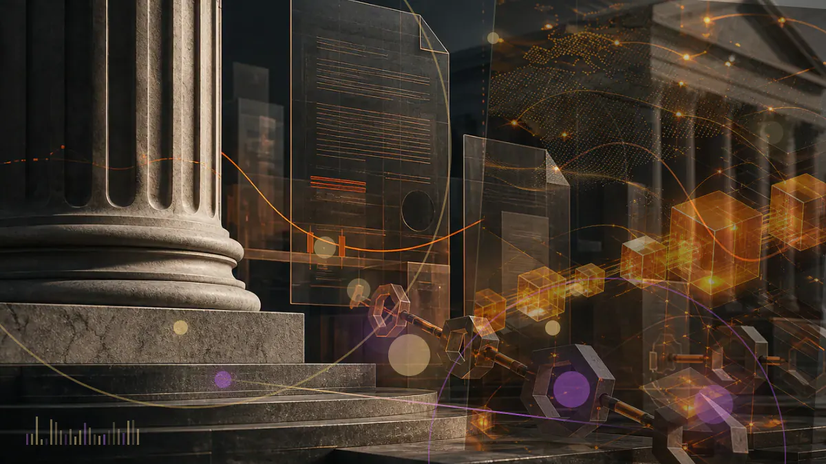 Conceptual illustration of cryptographic proofs connecting blockchain ledgers through a protocol upgrade