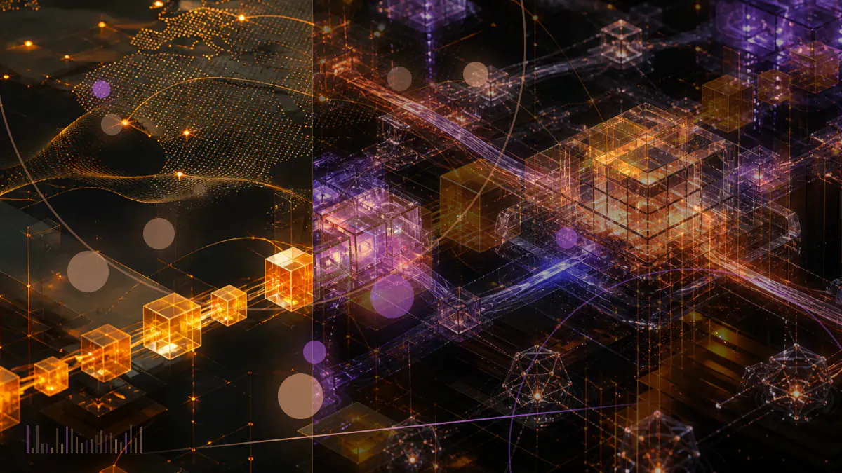 Conceptual network of interconnected blockchain nodes representing grants flowing into Algorand infrastructure and applications
