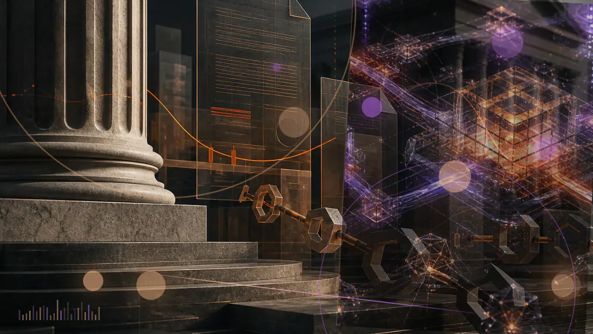 Conceptual illustration of bitcoin entering a public-company treasury as newly issued shares and warrants expand around it