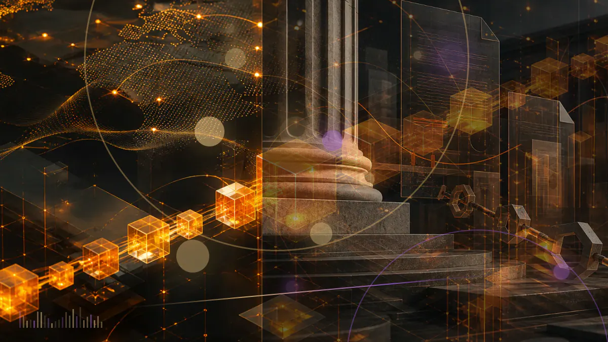 Conceptual illustration of an Associated Press election signal entering Ethereum and EOS blockchain networks and activating a smart contract