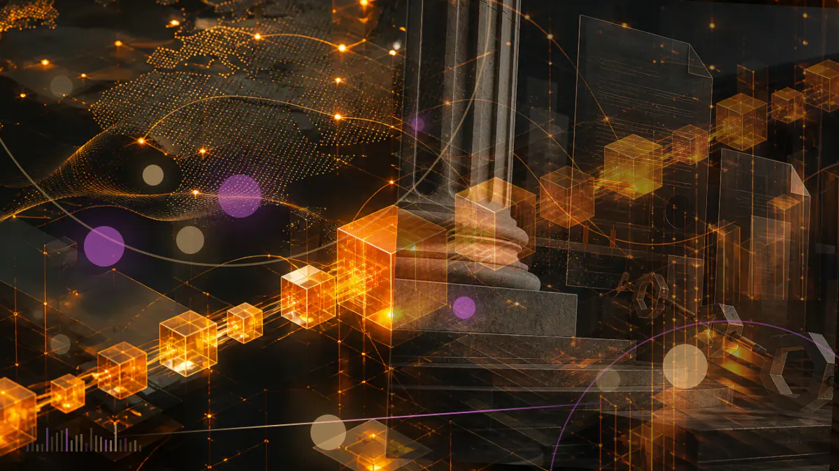 Conceptual illustration of ANT governance tokens passing through a closing redemption portal into ether while Aragon’s protocol infrastructure continues beyond it