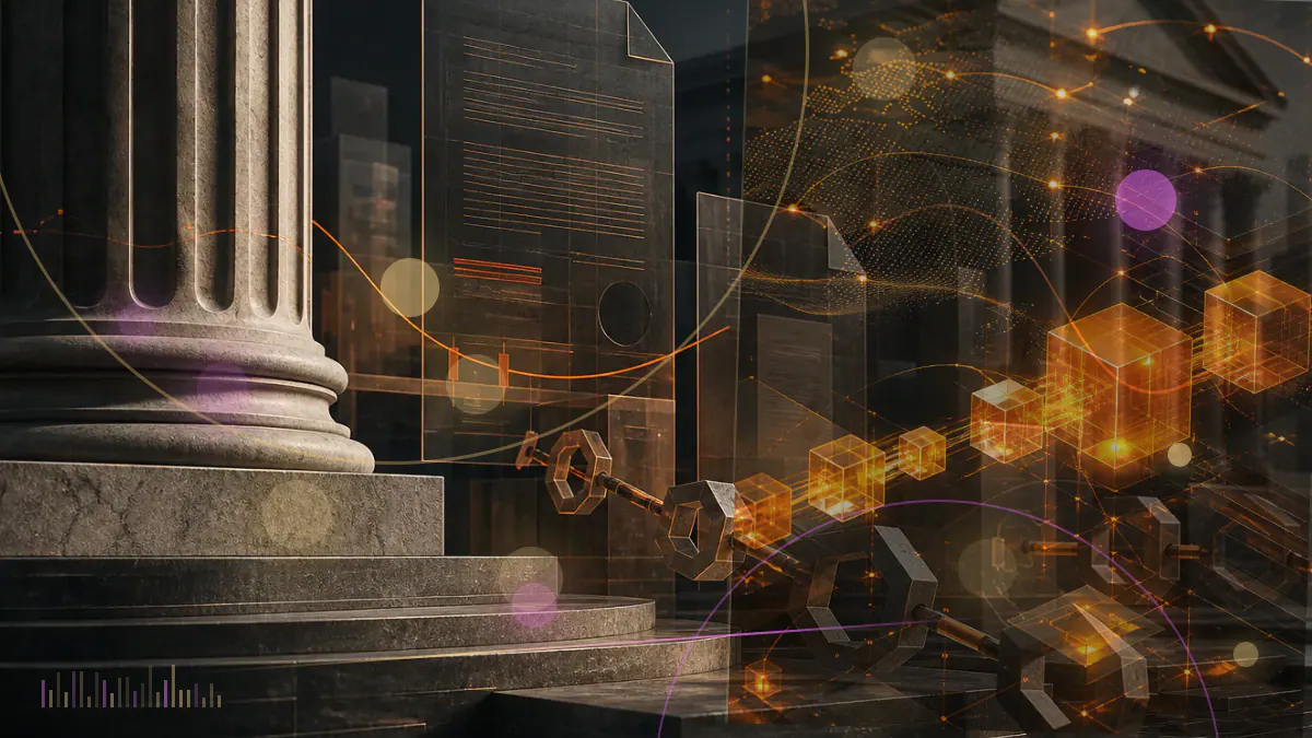 Conceptual illustration of ARB governance tokens connecting an Ethereum rollup network, DAO voting system and emergency security council