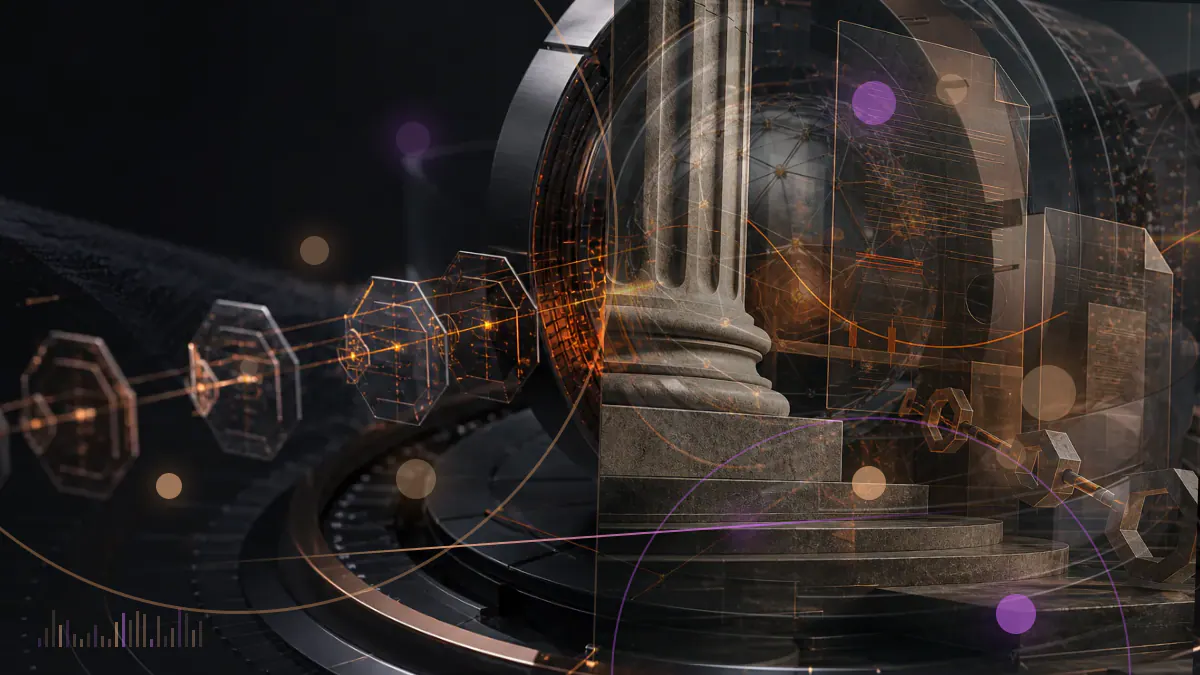 Conceptual Ethereum ledger nodes surrounding a regulated U.S. Treasury fund share certificate