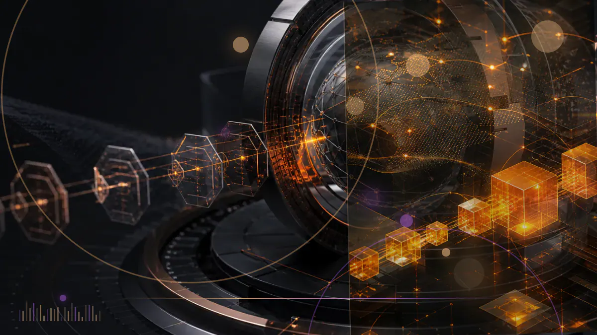 Conceptual illustration of an Argentine federal court file beside a fractured digital token and blockchain network