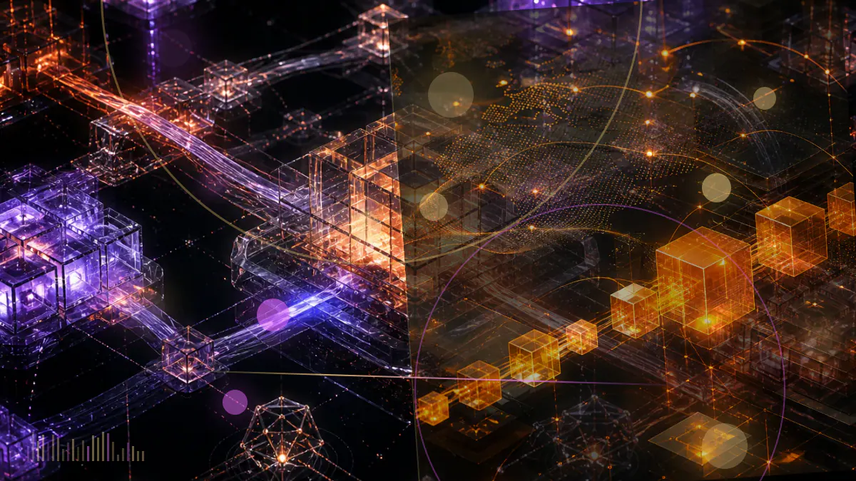 Conceptual illustration of an Argentine government ethics file beside a fragmented digital token ledger