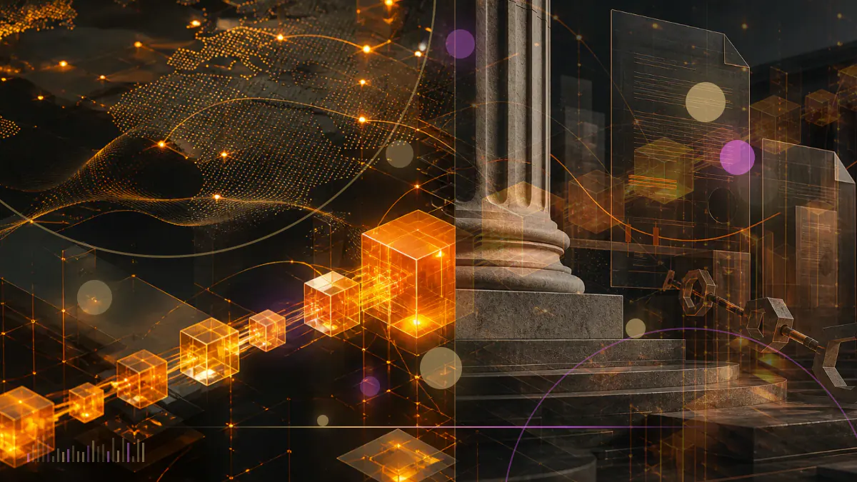 Conceptual illustration of an Argentine government review document beside a fractured digital token and blockchain network
