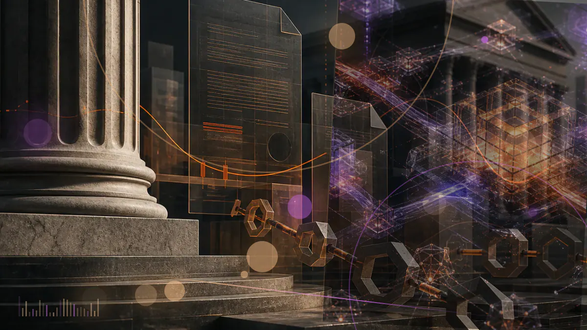 Conceptual illustration of Australian regulatory documents intersecting with a network of digital tokens and offshore blockchain transactions