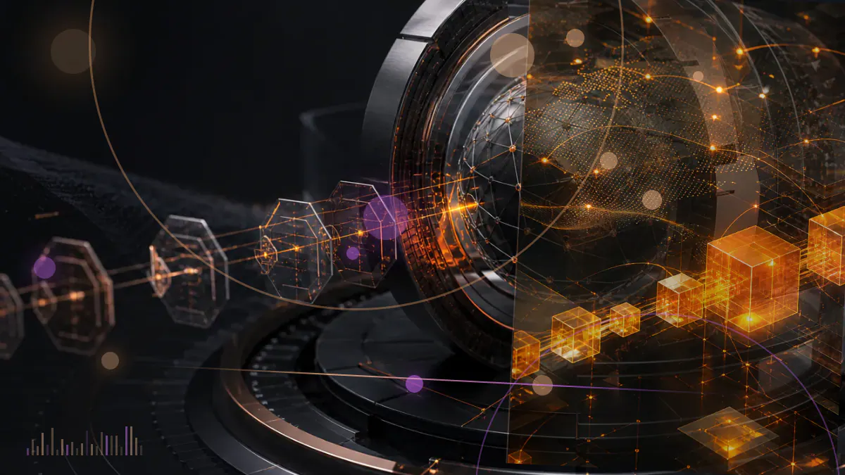 Conceptual illustration of archival news photographs represented as blockchain-linked digital tokens on a network