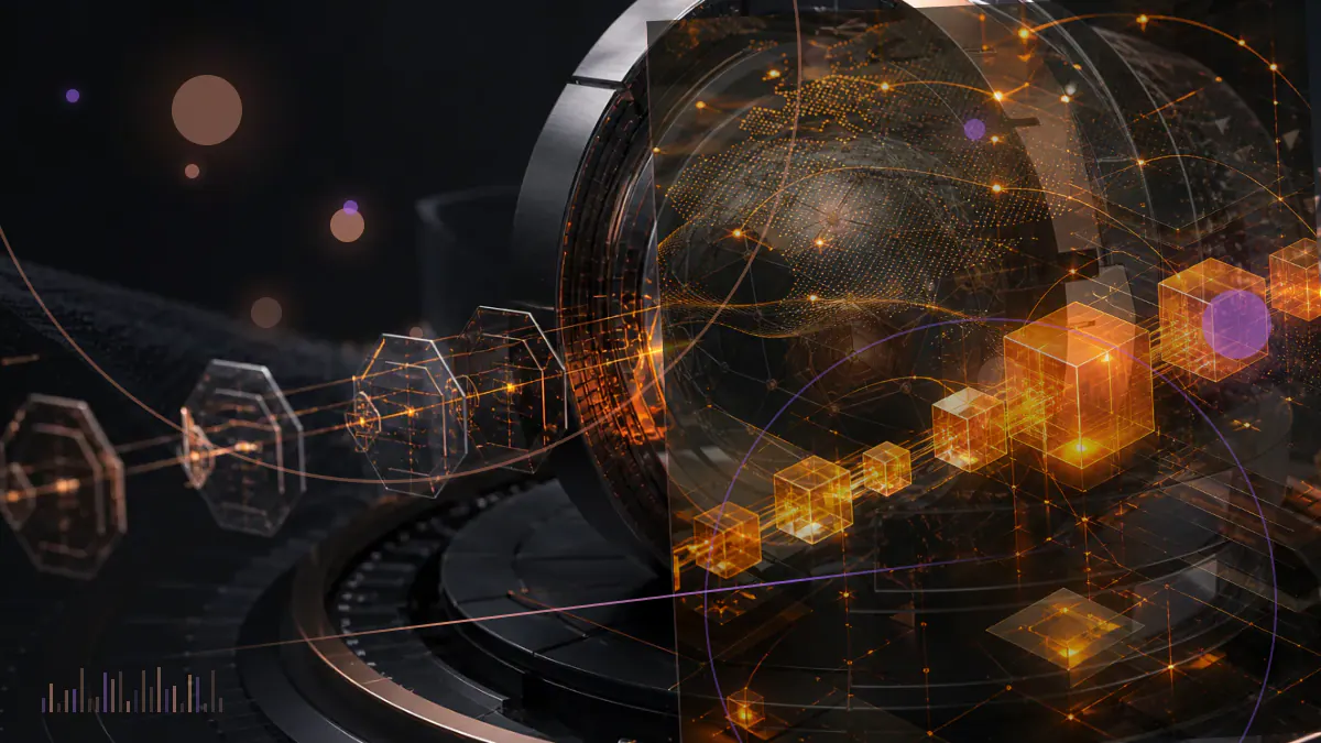 Conceptual illustration of a regulatory podium overlooking an on-chain market linking digital-asset trading, lending, staking and custody