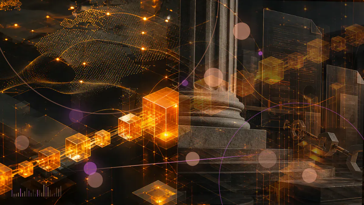 Conceptual illustration of parallel prediction-market contracts and DAI settlement operating on the Ethereum network