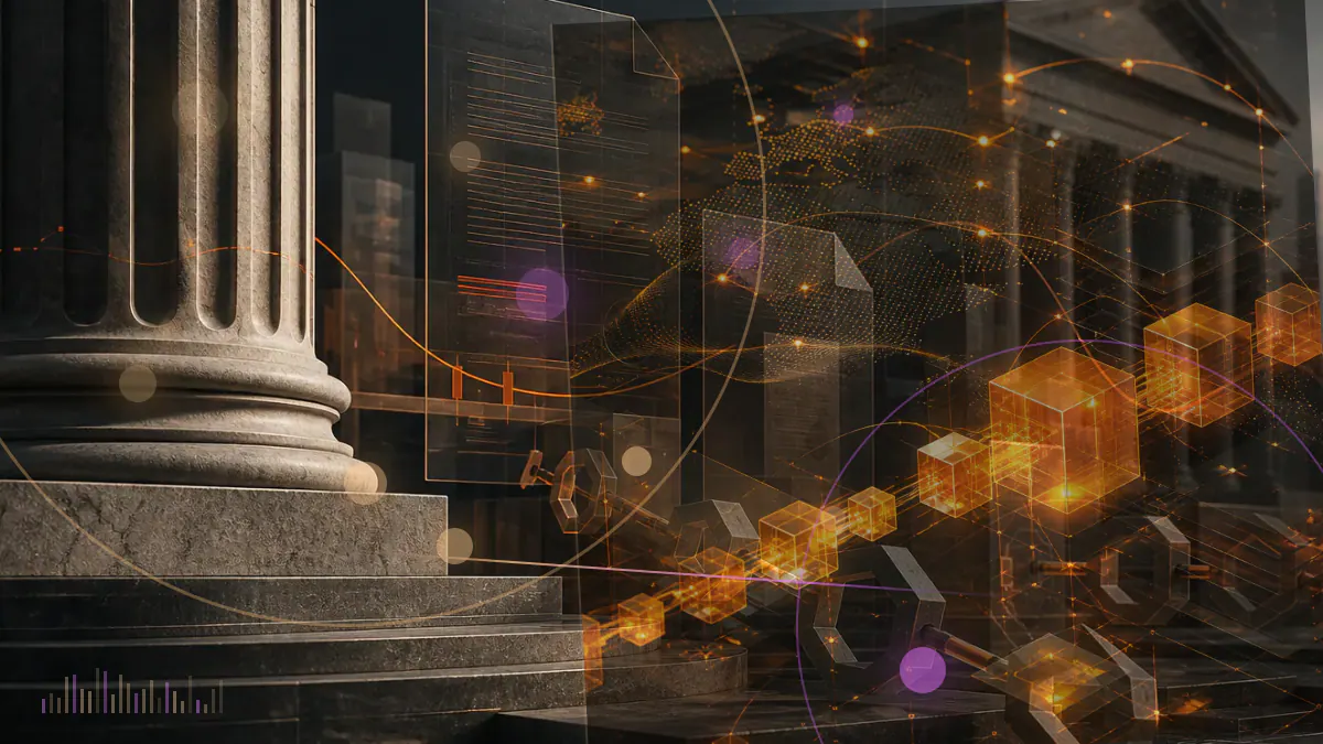 Conceptual illustration of tokenized equity, credit, real estate and commodities entering the Avalanche blockchain network