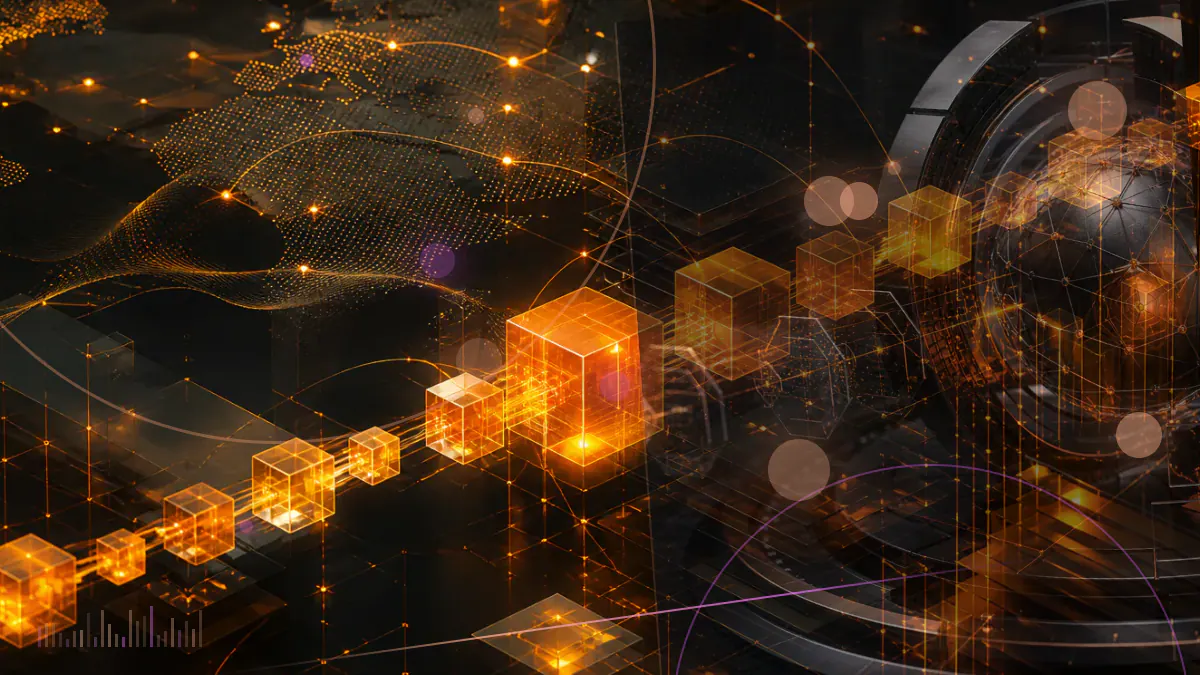 Conceptual illustration of sterling money-market fund shares connected to a public blockchain ledger and traditional custody system