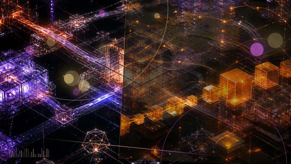 Conceptual illustration of bitcoin and bitcoin cash payments passing through a digital processor into an electronic-components supply chain invoice