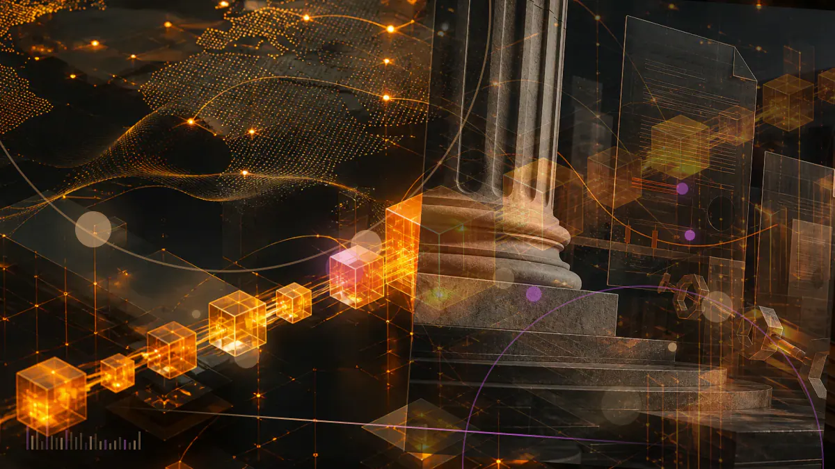 Conceptual illustration of bitcoin entering a regulated institutional warehouse connected to futures clearing and physical-delivery rails