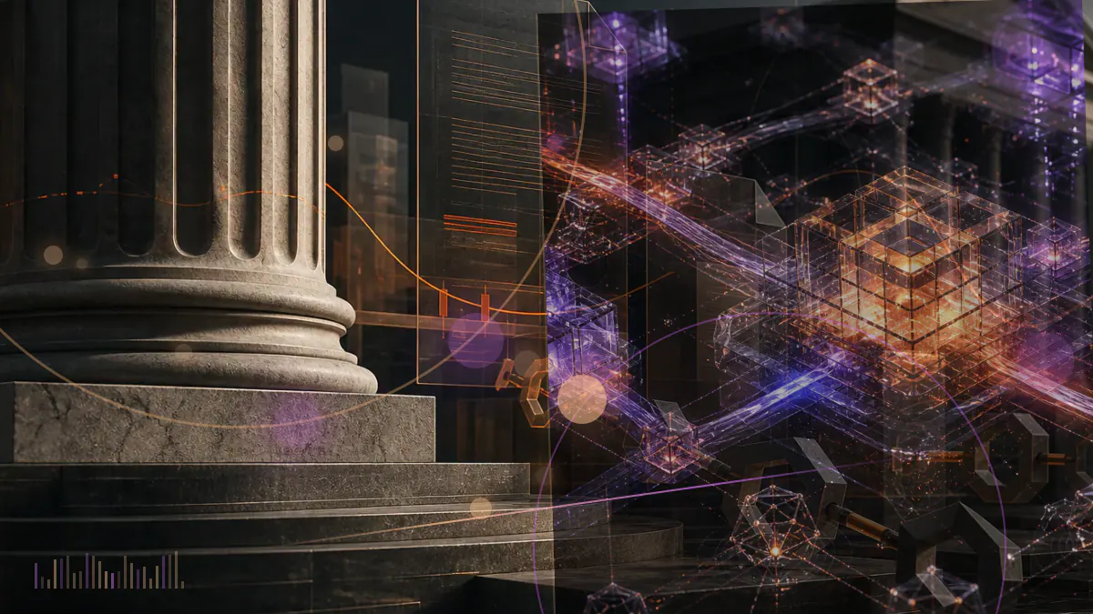 Conceptual illustration of a fractured digital-token network surrounding a locked smart-contract control key