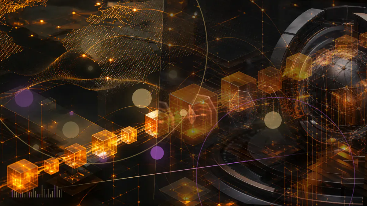 Conceptual illustration of distributed-ledger nodes connecting through a secure bridge to a central-bank settlement rail