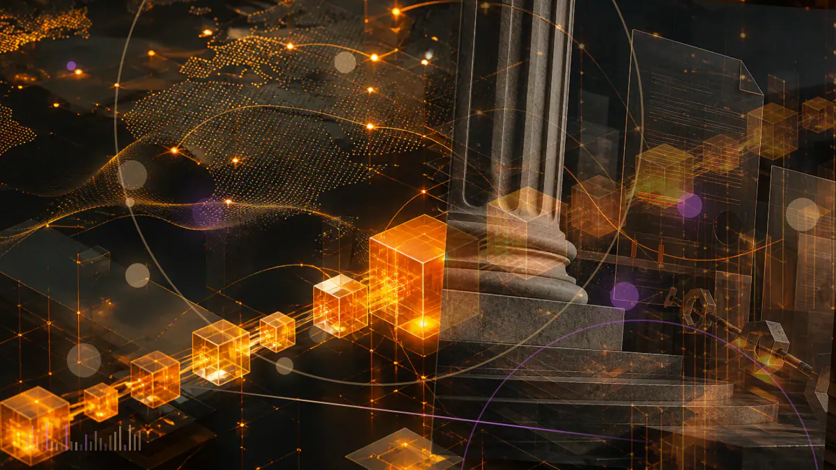 Conceptual illustration of a federal court docket layered over a dark cryptocurrency exchange ledger