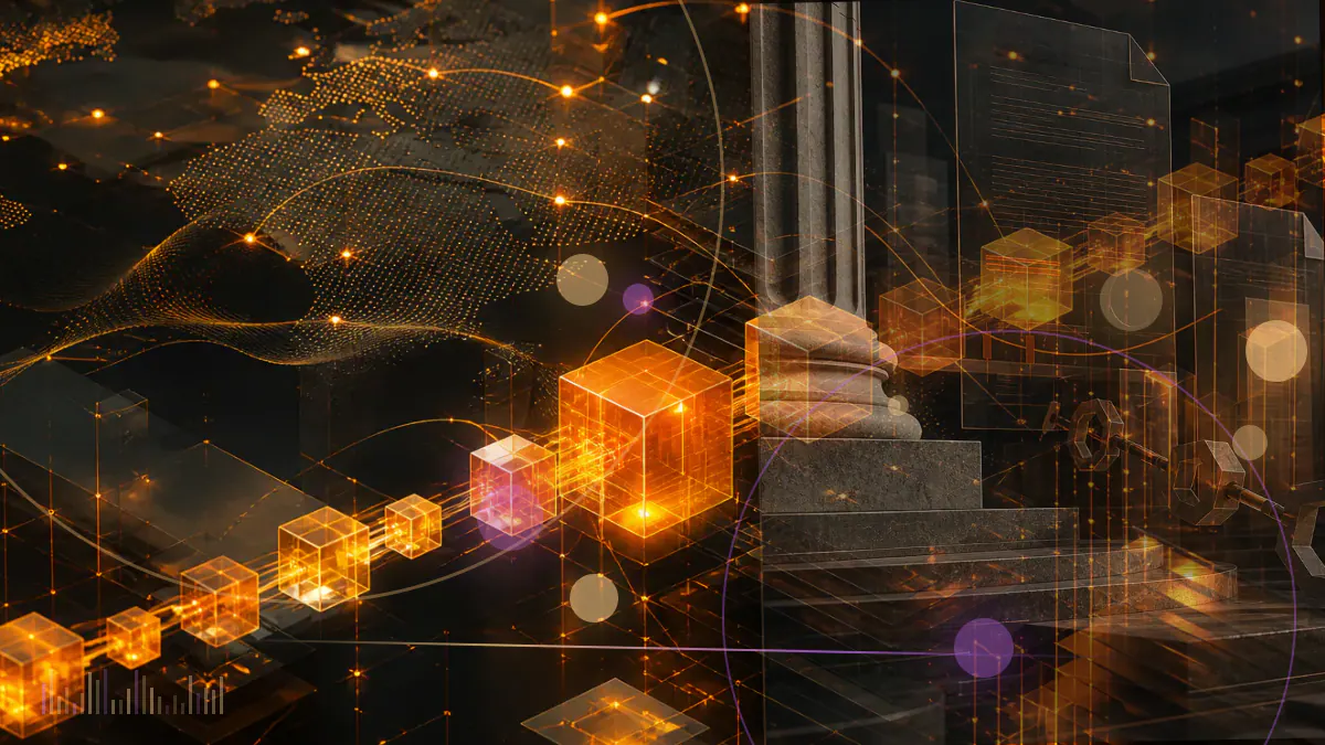 Conceptual illustration of a cryptocurrency exchange ledger and digital assets entering a federal courtroom