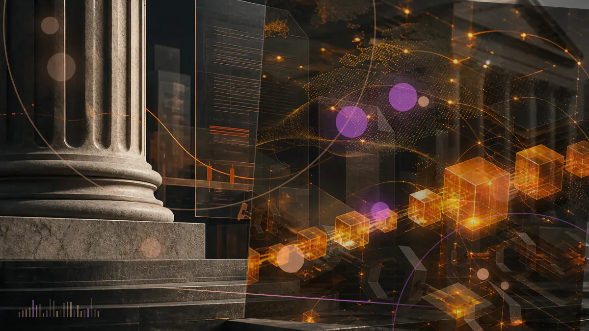 Conceptual euro coin above a distributed-ledger grid beside a central bank building