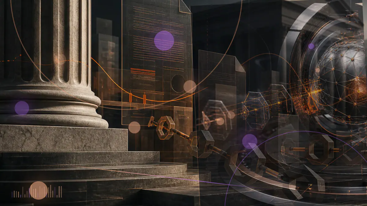 Conceptual illustration of bank records, cryptographic keys and asset receipts connected through a distributed ledger