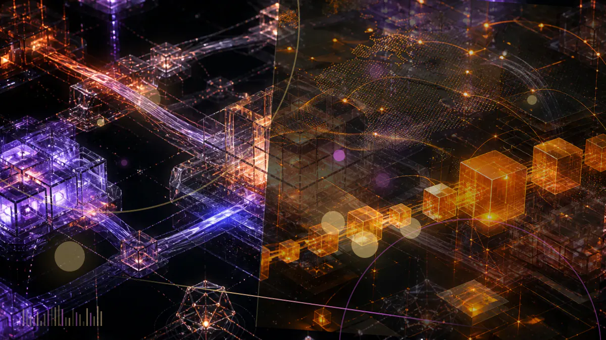 Conceptual illustration of a regulated bank balance sheet intersecting with a cryptographic asset network