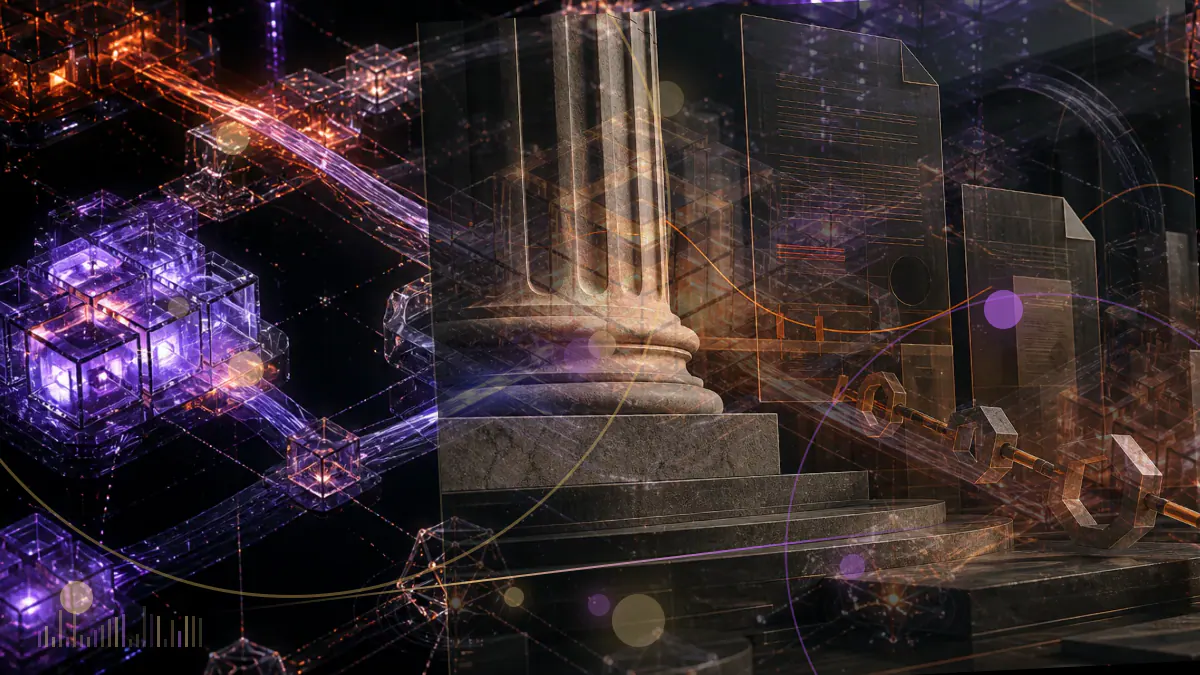 Conceptual illustration of a global banking ledger separating permissionless blockchain networks from a regulated stablecoin reserve