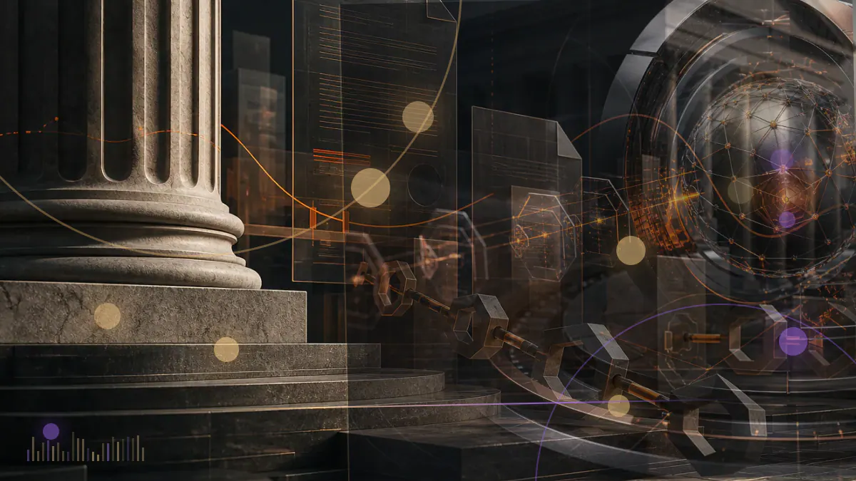 Conceptual illustration of a Swiss private-banking portfolio interface connecting a secure bank vault with bitcoin custody and currency-conversion rails
