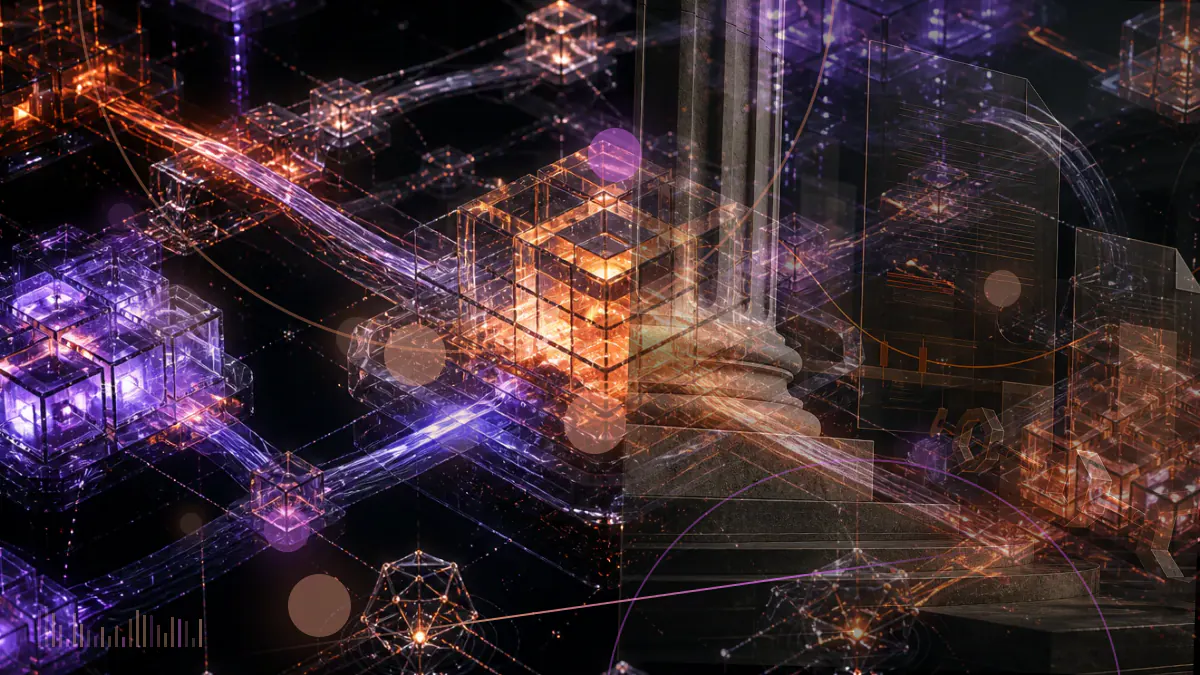 Conceptual illustration of a digital artwork mosaic connected to an Ethereum token and an auction gavel