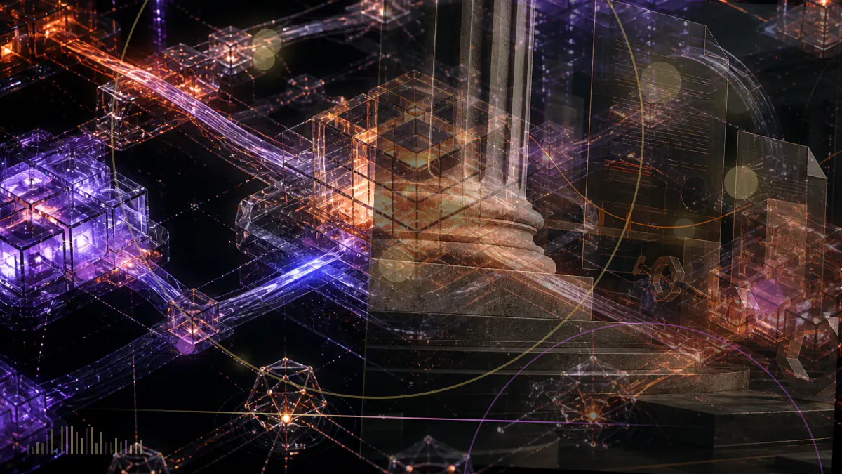 Conceptual illustration of Bermuda policy documents beside a digital exchange network and blockchain nodes