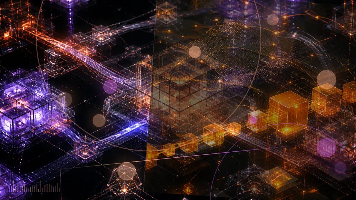 Conceptual illustration of the Federal Reserve building connected to digital payment rails and blockchain nodes