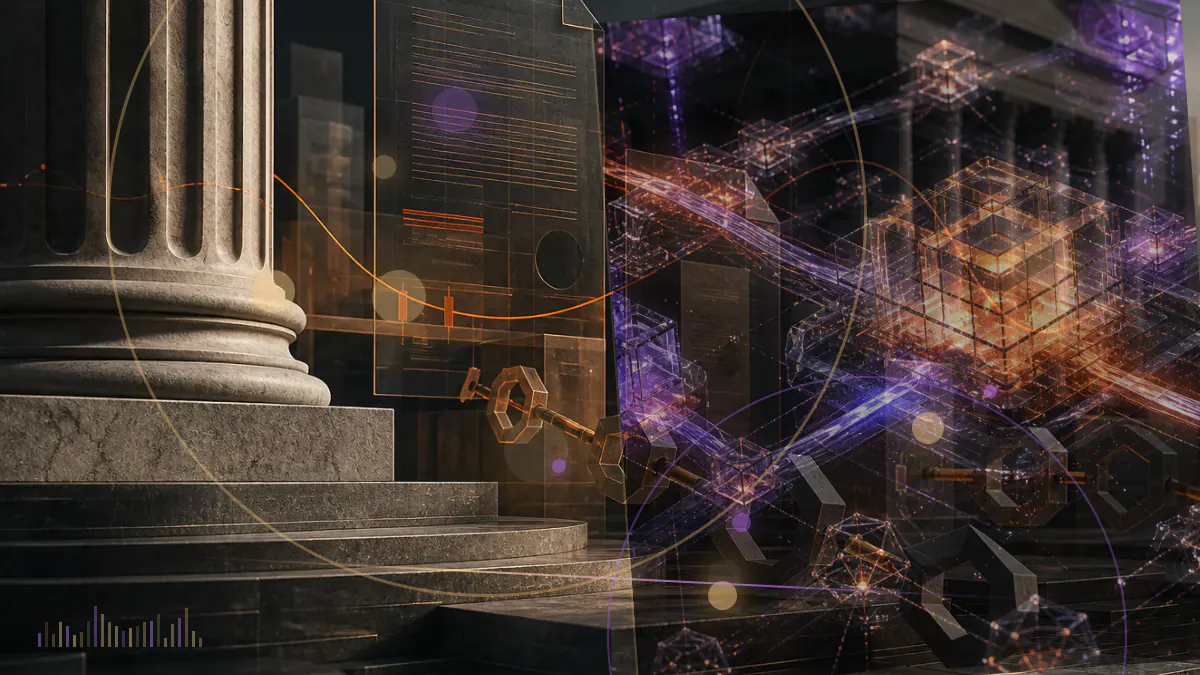 Conceptual illustration of cryptocurrency-mining servers separated from a strategic military installation by a federal security barrier