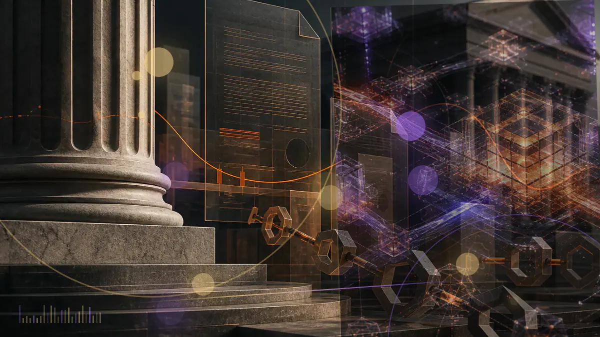 Conceptual illustration of a presidential veto document beside a secured digital-asset custody ledger and the U.S. Capitol