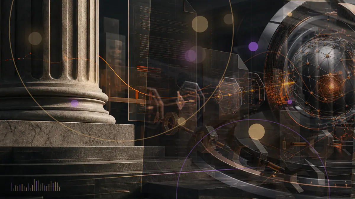 Conceptual illustration of a cryptocurrency exchange ledger beneath a federal court judgment and compliance-monitoring grid