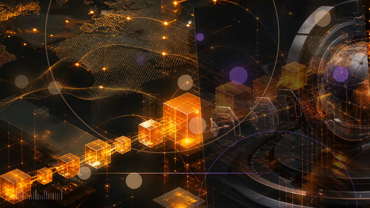 Conceptual illustration of a cryptocurrency exchange terminal merging with ranked market-data charts
