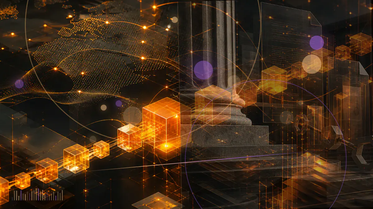 Conceptual illustration of two cryptocurrency exchange networks converging around a fractured liquidity channel