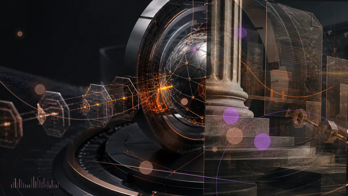Conceptual illustration of fragmented identity documents behind a secured cryptocurrency exchange interface