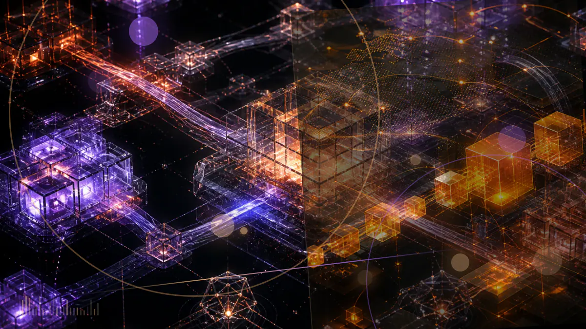Conceptual network of interconnected blockchain nodes receiving streams of development capital
