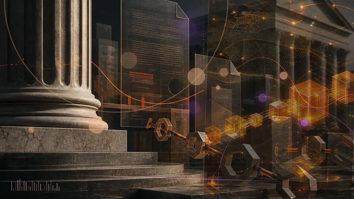 Conceptual illustration of Bitcoin mining machines connected to a secured lending network, with collateral blocks and a rising difficulty graph