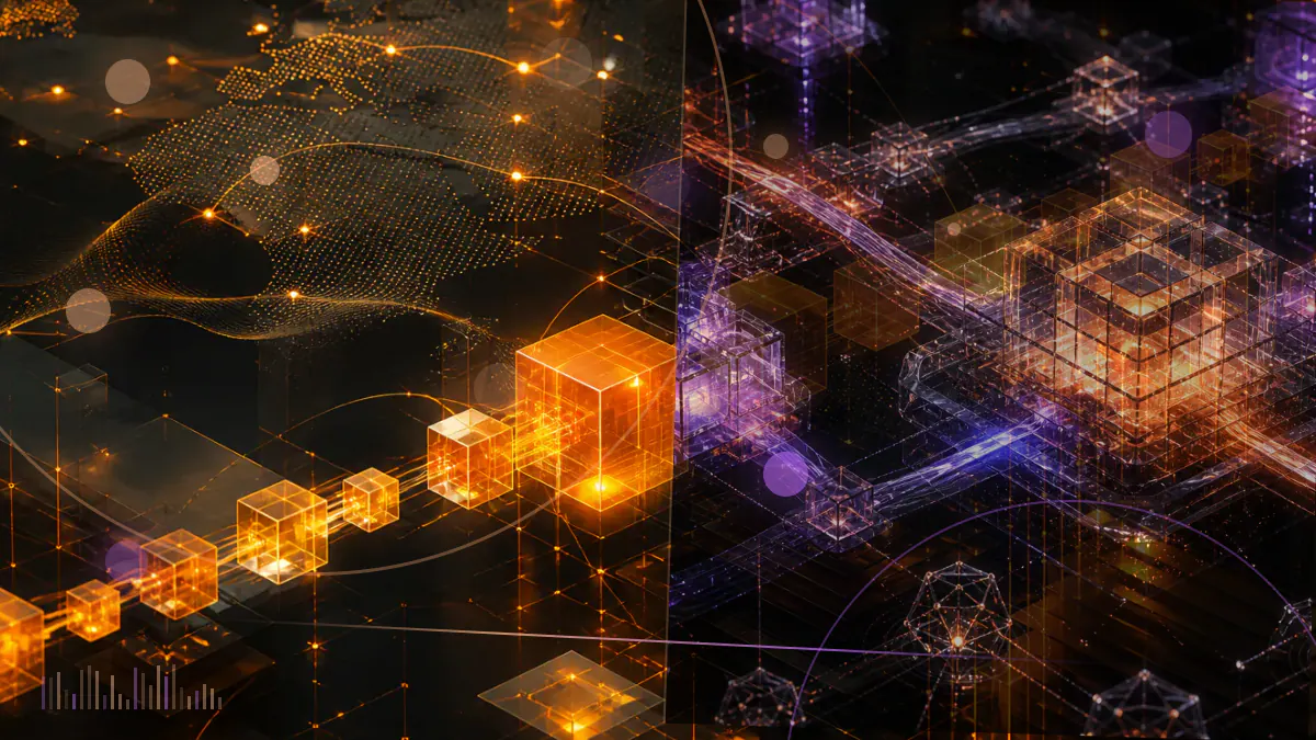 Conceptual illustration of Bitcoin mining machines directing hash power into a pool connected to a cryptocurrency exchange ledger