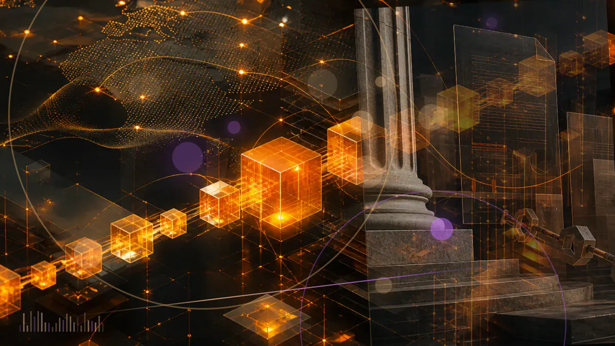 Conceptual Binance Smart Chain blocks passing through a protocol fork as a portion of BNB transaction fees flows into a burn mechanism