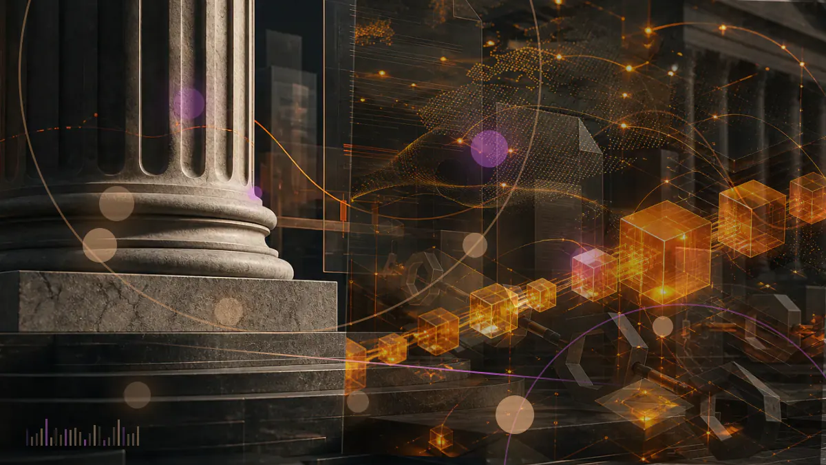 Conceptual illustration of two parallel blockchain networks connected by a bridge, with validator nodes surrounding the programmable chain