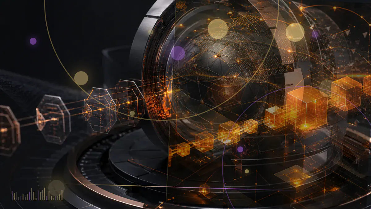Conceptual illustration of two parallel blockchain networks connected by a bridge, with smart-contract nodes and BNB staking symbols