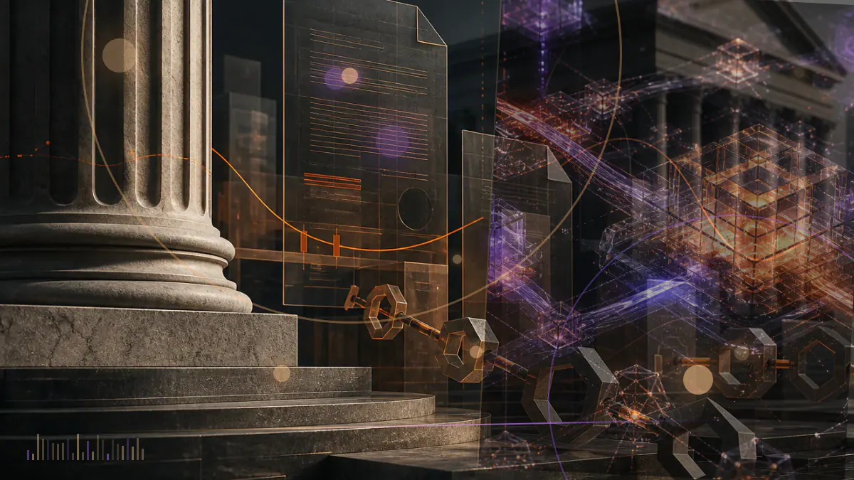Conceptual illustration of a cryptocurrency trading terminal with an OTC trading channel paused beside a regulatory court filing