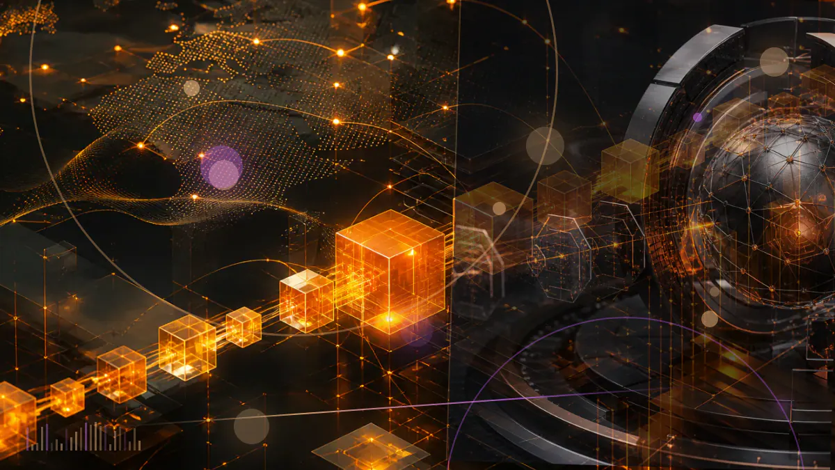 Conceptual illustration of a cryptocurrency exchange tower beneath U.S. legal documents and a digital compliance grid