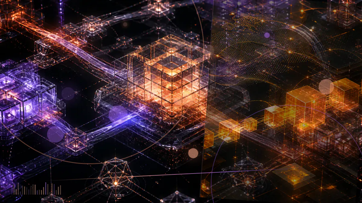 Conceptual illustration of a Bitcoin blockchain dividing into a dominant chain and a stalled two-block branch