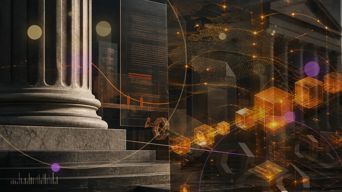Conceptual illustration of sovereign digital currency rails forming a structured network around fragmented cryptocurrency chains