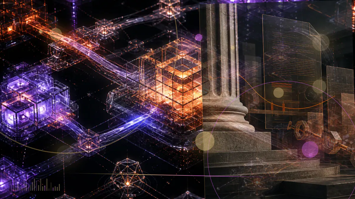 Conceptual illustration of tokenized central-bank reserves, commercial-bank money and government bonds converging on a unified ledger while stablecoins remain outside its core